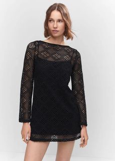 *NEW* MANGO Black geometric patterned textured knit-style openwork bell-sleeve casual dress (from Php2,495)