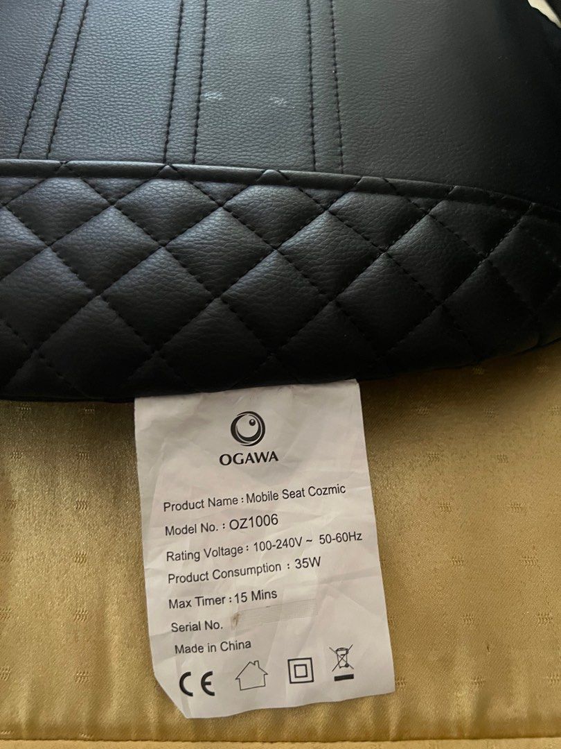 Ogawa Mobile Seat Cozmic (Back Massager) (Category: Massage Devices) located in Marikina City. Submitted by chynnatown (Listing ID 1250244225, Image 2). Description: Slightly used but in good (8/10) condition. Comes with the box and all accessories. Originally priced at 20k in stores! RFS: decluttering Details Power input: 100-240V~, 50-60Hz Power Consumption: 35W Auto Timer: 15 Minutes Weight: 5.1kg/7.3kg Dimension (Folded): 785(L) - 210(W) - 45