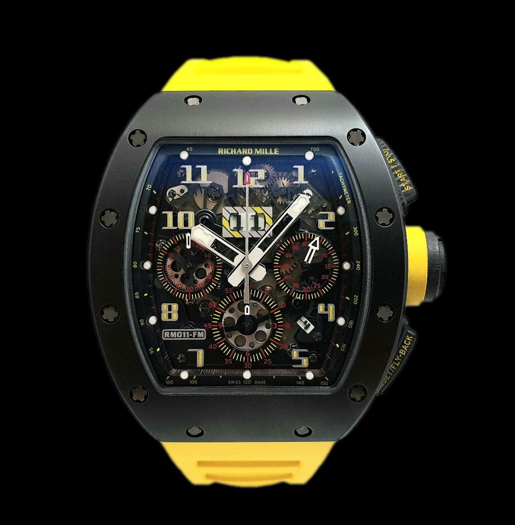 Richard Mille RM011 Chronograph Rare Geneva Boutique Limited Edition of 15 Pcs in Black Ceramic Tzp Tpt Carbon Complete Yellow Pre Owned with Complete Set Luxury Watches on Carousell