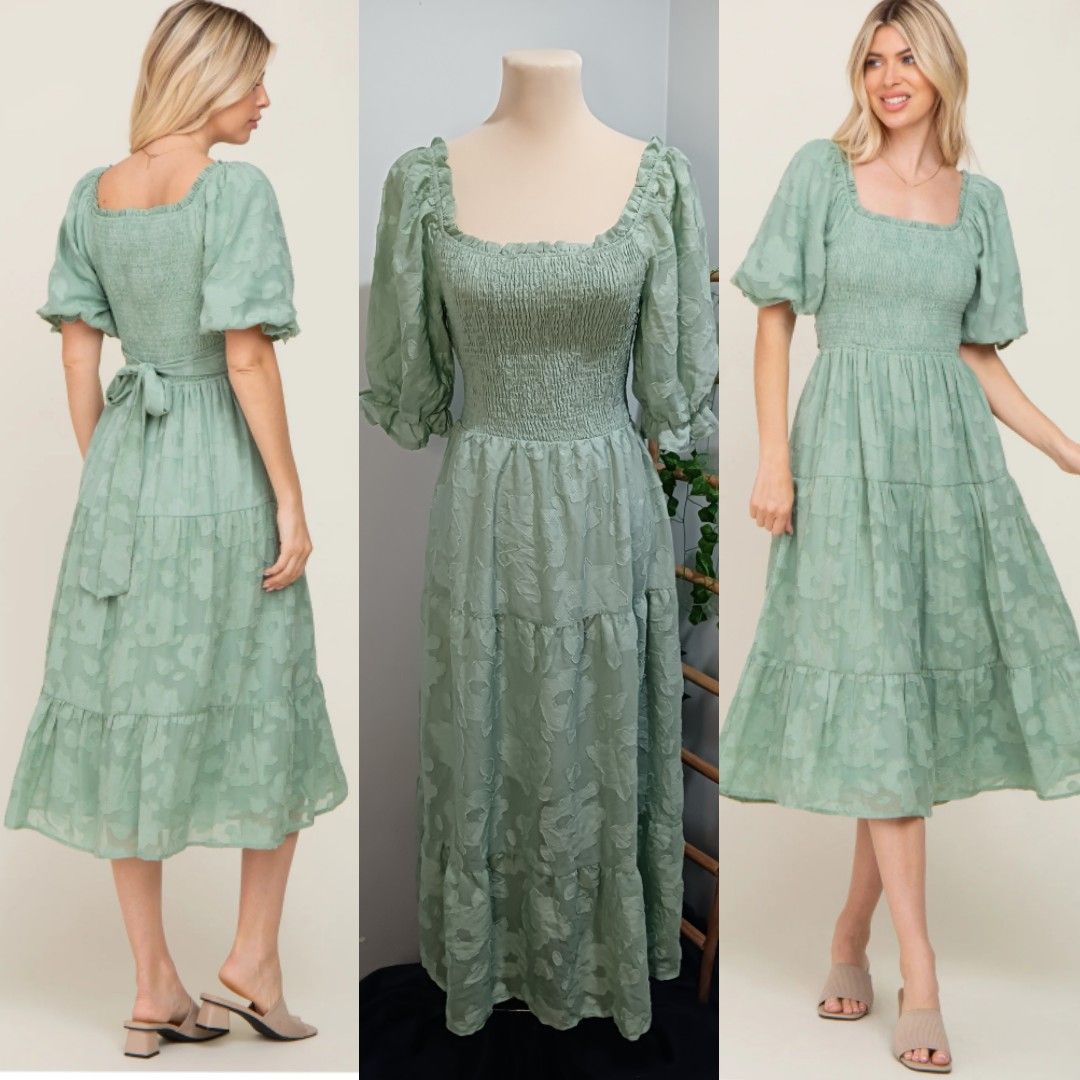 Sage Green Tiered Dress with Multicolor Embroidered Yoke and Tassel Tie-Up-P1915SAGEGREEN main image 1