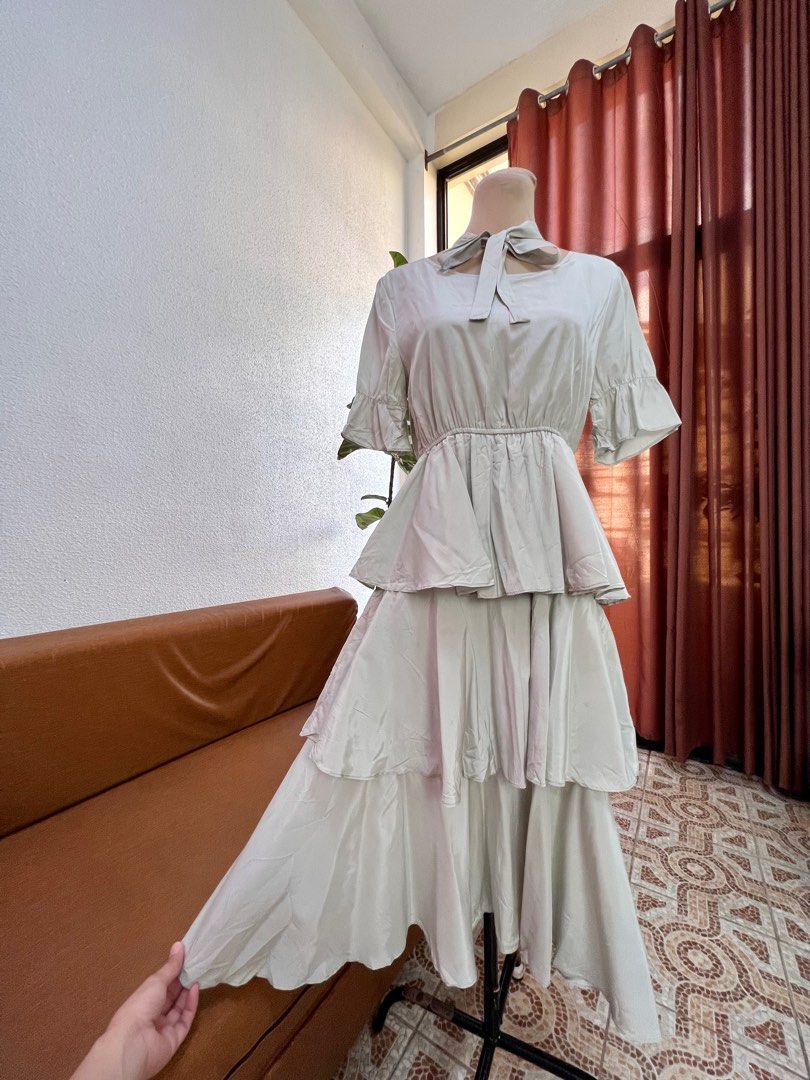 Sage Green Layered Tiered Maxi Midi Dress on Carousell