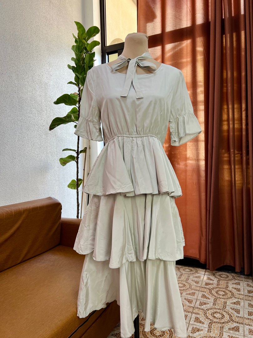 Sage Green Layered Tiered Maxi Midi Dress on Carousell