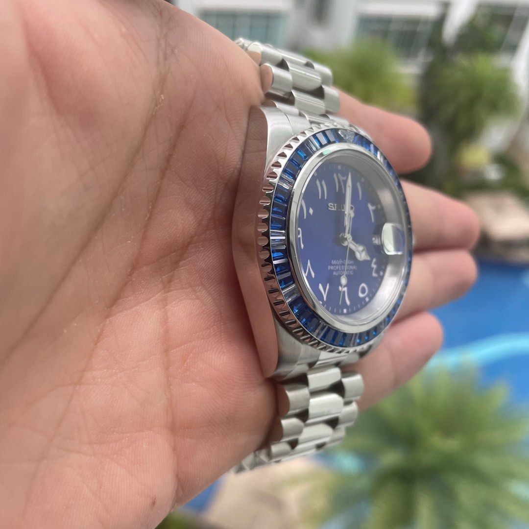 Cheapest Seiko Mod Submariner Diamond bezel sapphire Blue Diamond Watch Arabic dial Men s Fashion Watches Accessories Watches on Carousell
