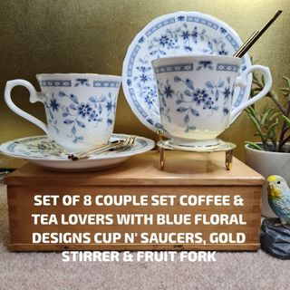 SET OF 8 COUPLE SET COFFEE & TEA LOVERS WITH BLUE FLORAL DESIGNS CUP N' SAUCERS, GOLD STIRRER & FRUIT FORK