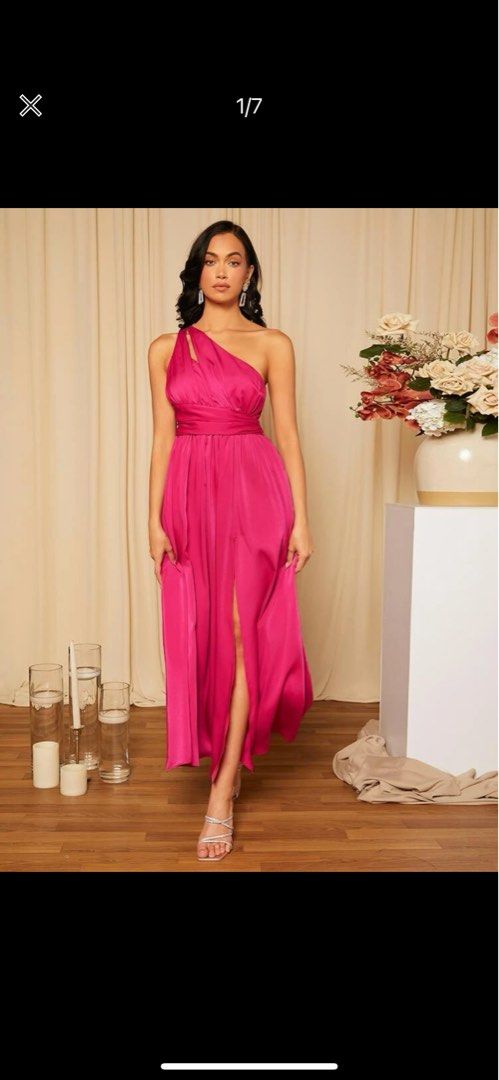 SHEIN Belle Ruched Off Shoulder Slit Thigh Satin Prom Bridesmaid Dress