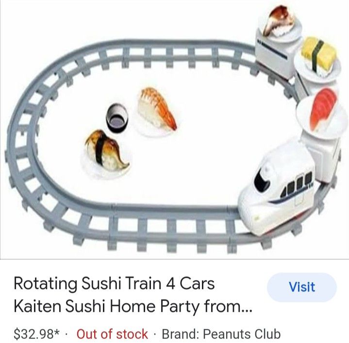 Sushi Train (Category: Food Organization & Storage) located in Quezon City. Submitted by mhoniqvela04 (Listing ID 1250190627, Image 3). Description: Conveyor Belt Sushi Train Kaitensushi Rail Description: Made of high quality ABS+Plastic material,durable,eco-friendly. Battery powered by 2pcs AA batterry(included). Specification: Material:ABS+Plastic Size:Approx.62.5x43x1.5cm/24.60x16.93x0.59in Issue: Kulang ng isang food toy, nakain na ata haha c