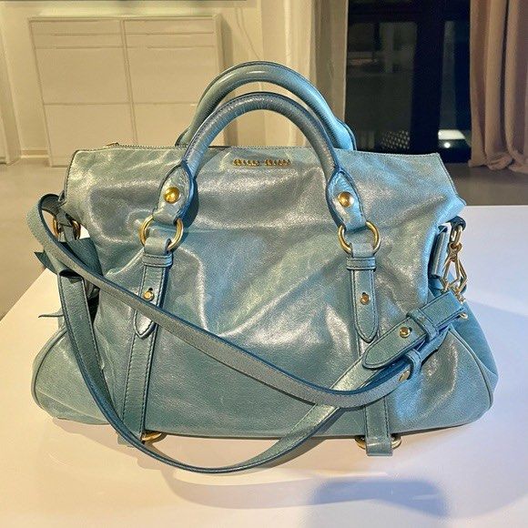 Miu Miu Small Bow Bag In Greyish Blue, Luxury, Bags & Wallets on Carousell