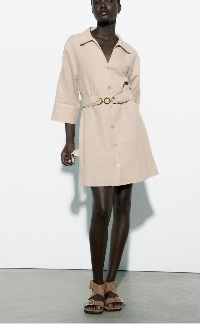 Zara short linen dress with belt, Women's Fashion, Dresses & Sets, Dresses  on Carousell