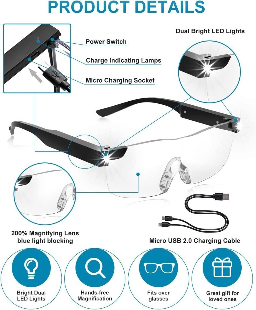 OKH Rechargeable Magnifying Glasses with LED Light,Hands Free 160% Blue  Light Blocking Magnifying Lighted Eyeglasses for Hobbies,Reading,Close Work