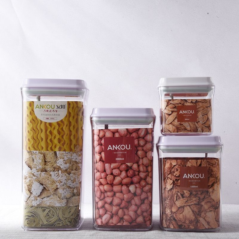 Ankou Airtight Container Set - (380ml 4 Pcs) Stackable One Button Openning  Food Containers for Snacks Candy Salt Herbs Spices BPA-Free Tranparent