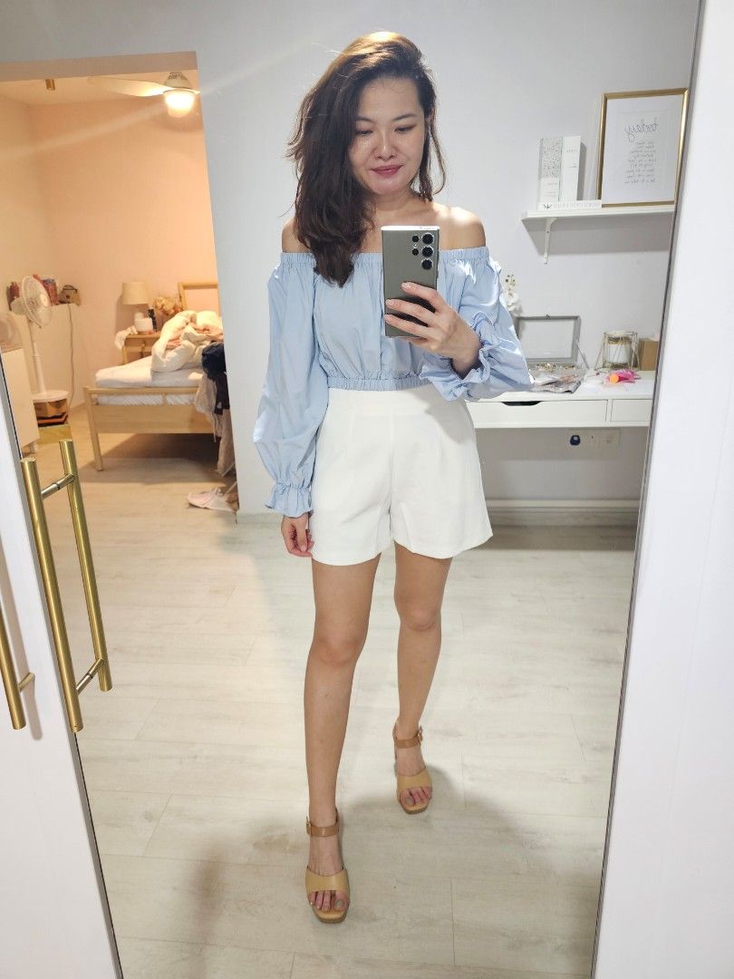 Baby Blue Off The Shoulder Eyelet Sleeve Top