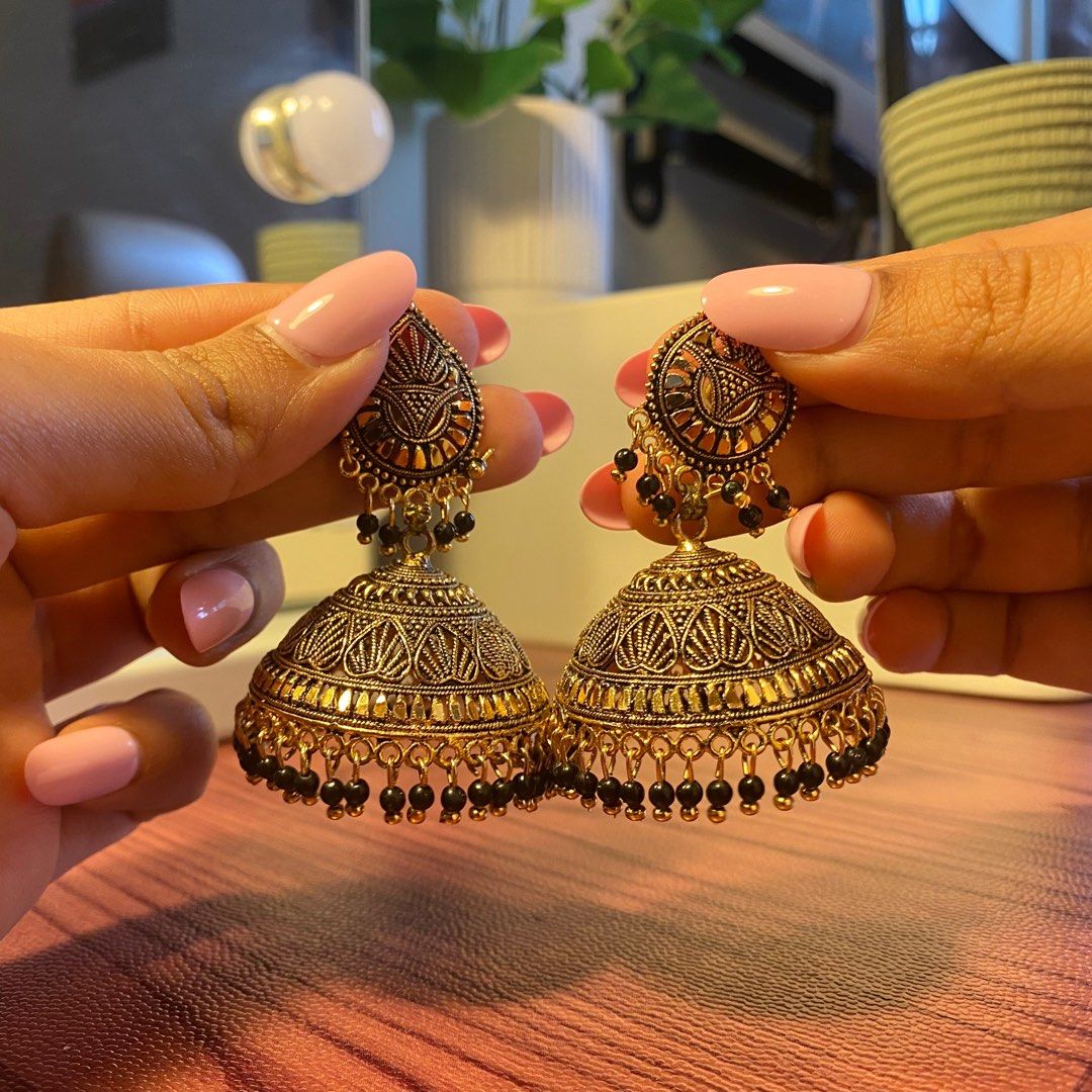 Black and Gold Plated studs Light Jhumka earring