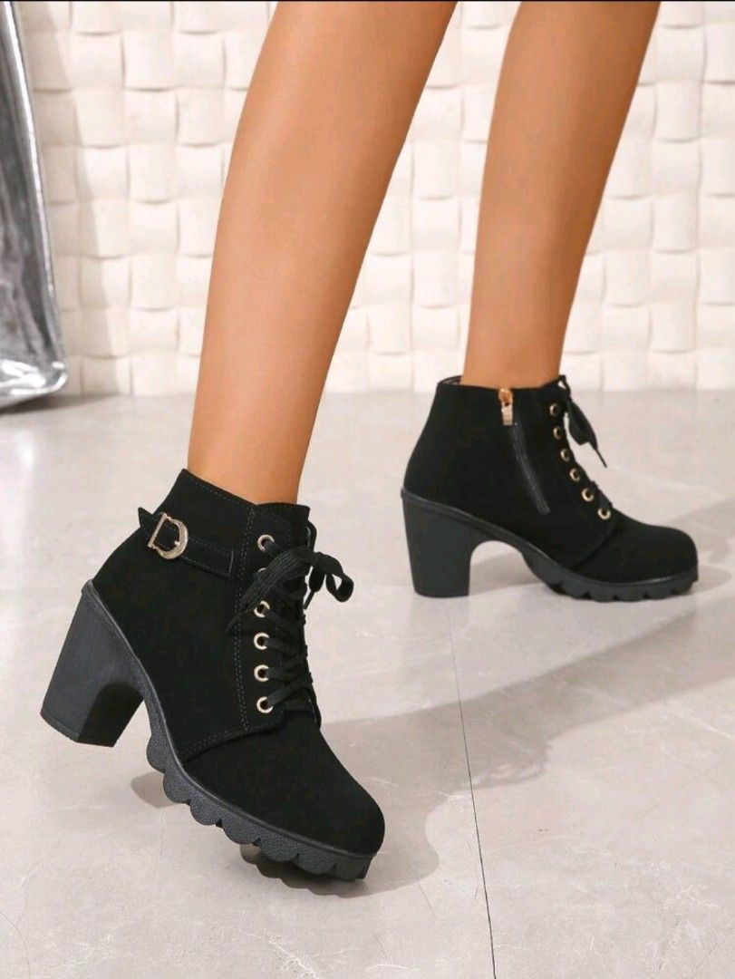 Chunky Heel Boots With Lace up Front