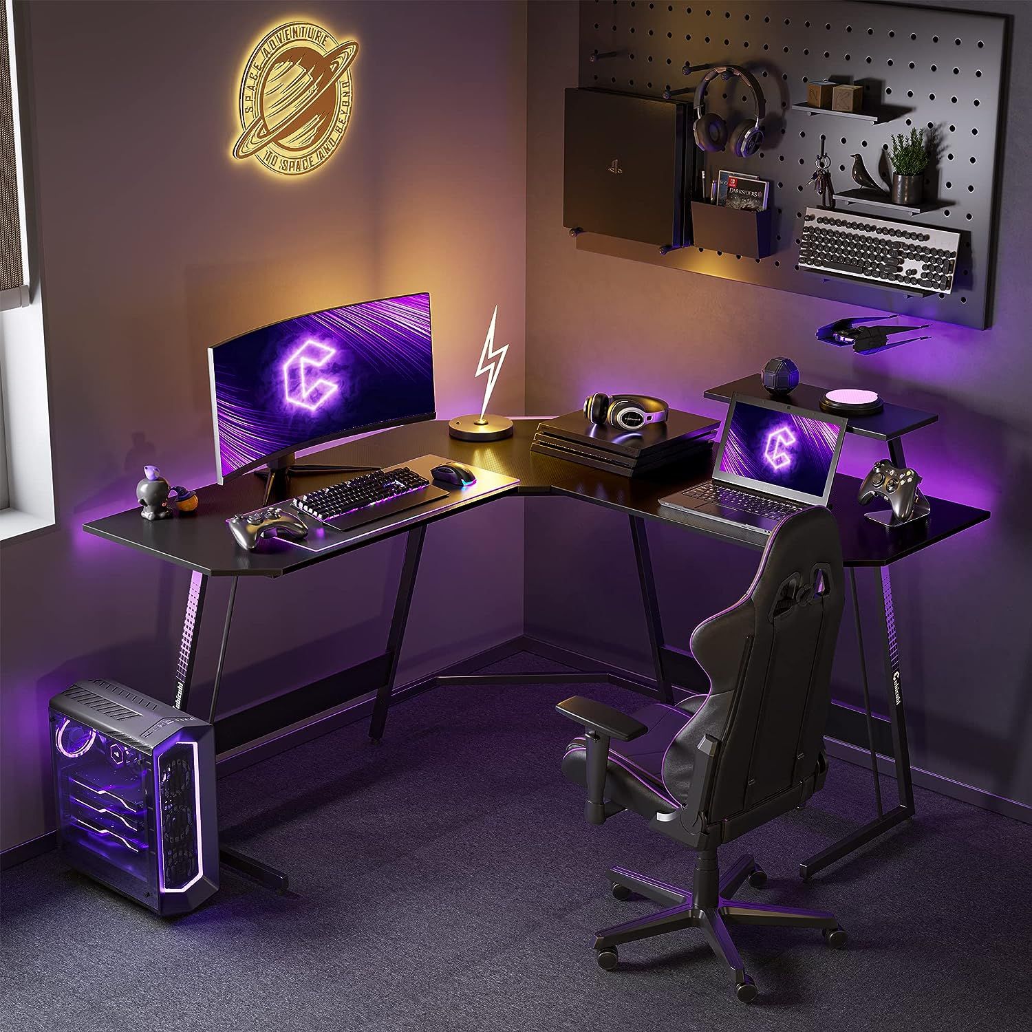CubiCubi 53 inch Diamon L Shaped Gaming Desk Gamer Workstation Home Computer Carbon Fiber Surface Corner Gaming Desk PC Table with Cable Tray 53