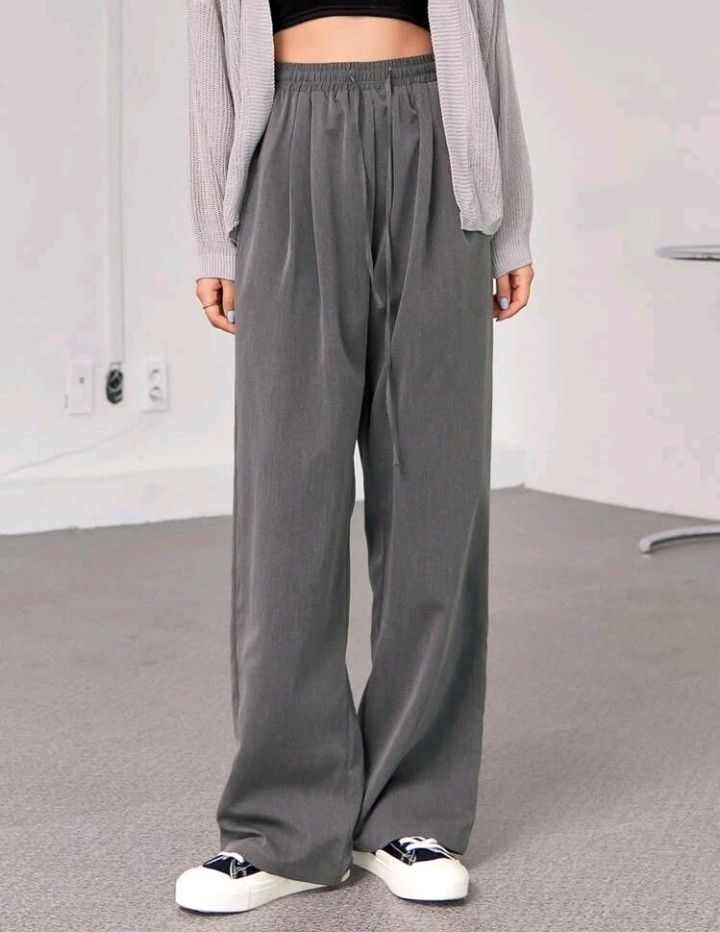 Charcoal Grey Drawstring Wide Leg Track Pants