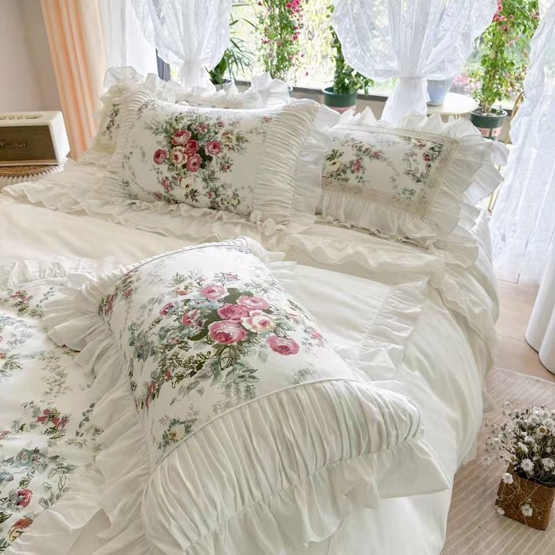 Floral Duvet Cover Ruffles Bed Sheet Set Princess Cotton Bedding Set Queen  King