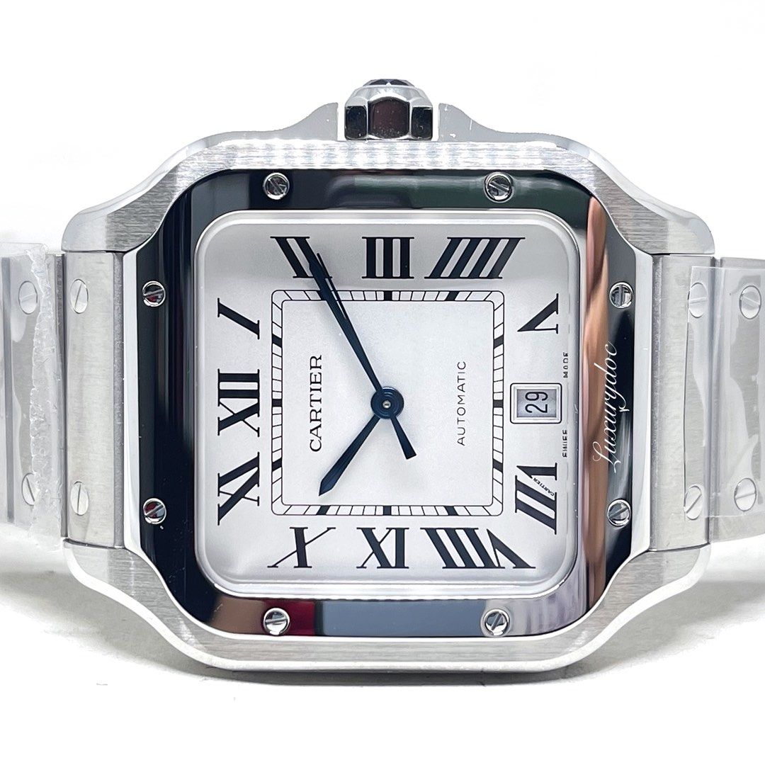 FS.BNIB CARTIER SANTOS LARGE OPALINE AUTOMATIC STEEL WATCH WSSA0018