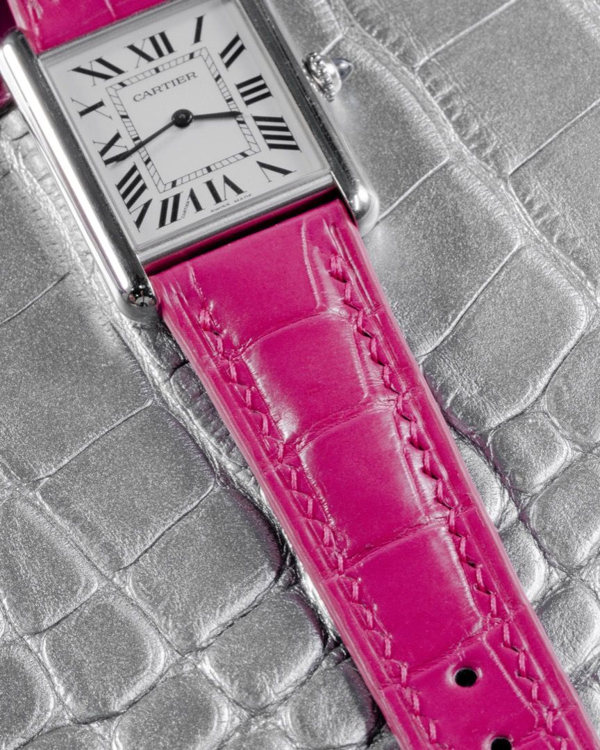 Handmade Hand stitched Watch Strap in Fuchsia Pink Crocodile