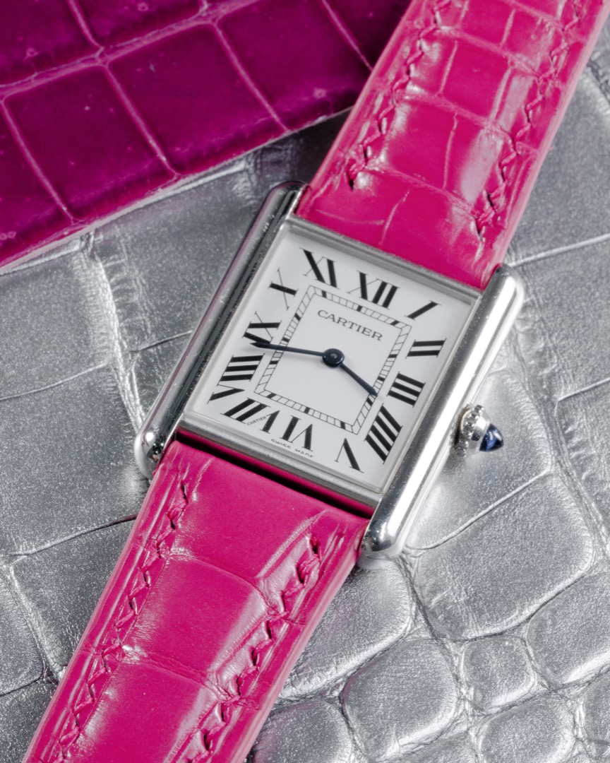 Handmade Hand stitched Watch Strap in Fuchsia Pink Crocodile