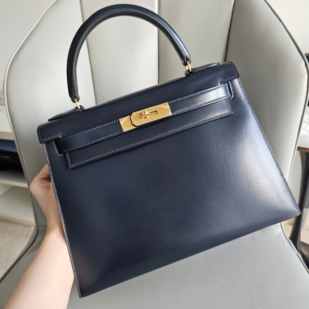 Hermes 32cm Bleu Indigo Box Leather Gold Plated Kelly Sellier Bag