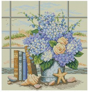 Hydrangeas and Shells DIY Cross Stitch Complete Set 11ct 14ct Needlework Counted Embroidery Kit not stamped