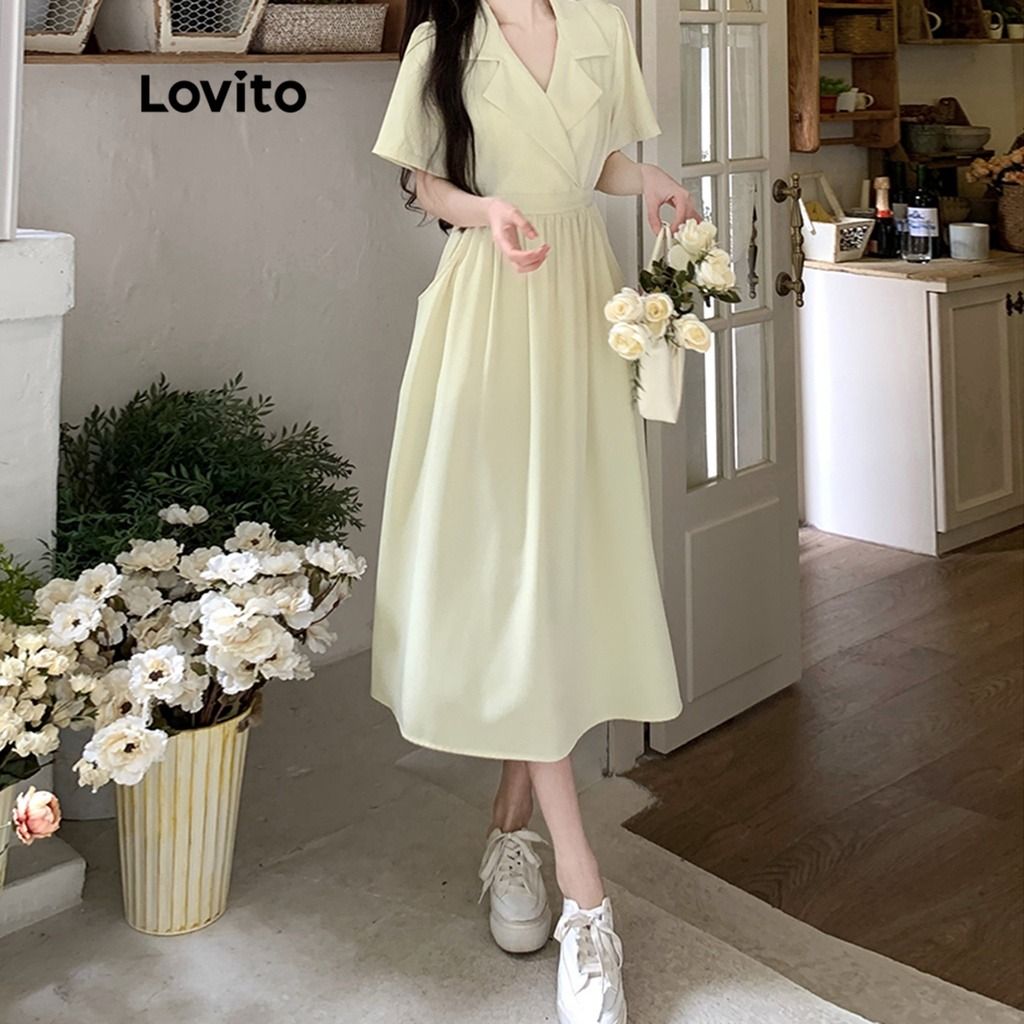LOVITO Casual Pocket Short Sleeves Dress LNE12049 Light Yellow