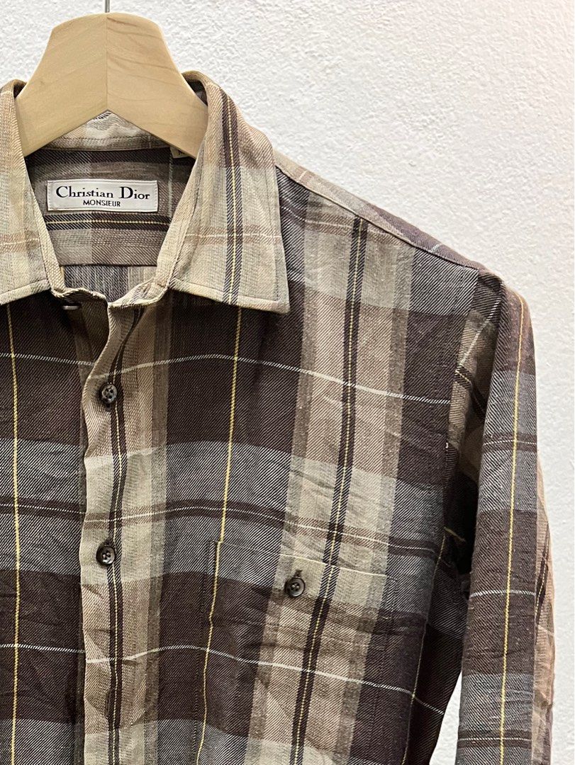M] CHRISTIAN DIOR VINTAGE CHECKED PLAID PEARL SNAP BUTTON LONG
