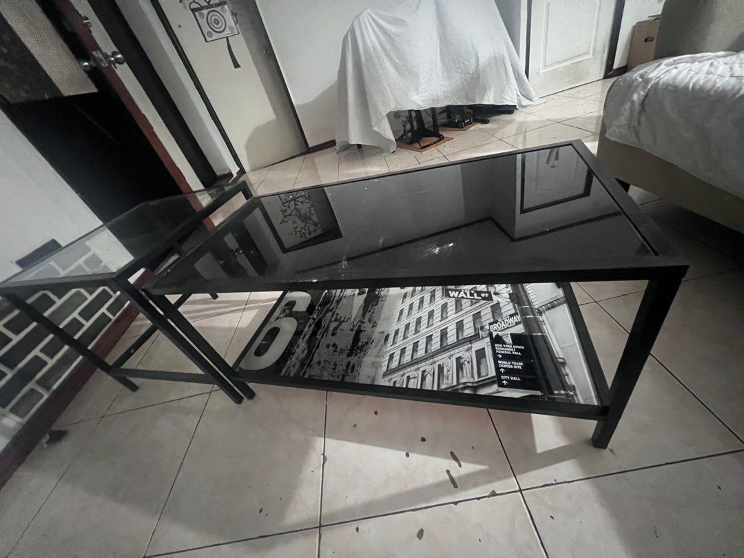 Mandaue Foam 2 piece Center Table Black Glass Metal Frame Modern