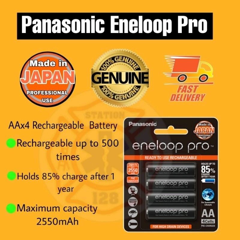 Panasonic Eneloop Pro Rechargeable Battery AA x 4 (Category: Batteries & Chargers) located in Quezon City. Submitted by station128 (Listing ID 1250448538, Image 2). Description: Panasonic Eneloop Pro Rechargeable Battery AA x 4 Features. Power various electronics, including digital cameras, gaming devices, and flashlights, with this pack of eight eneloop pro AA Rechargeable NiMH Batteries from Panasonic. Each features 1.2V of output power,a 2550m