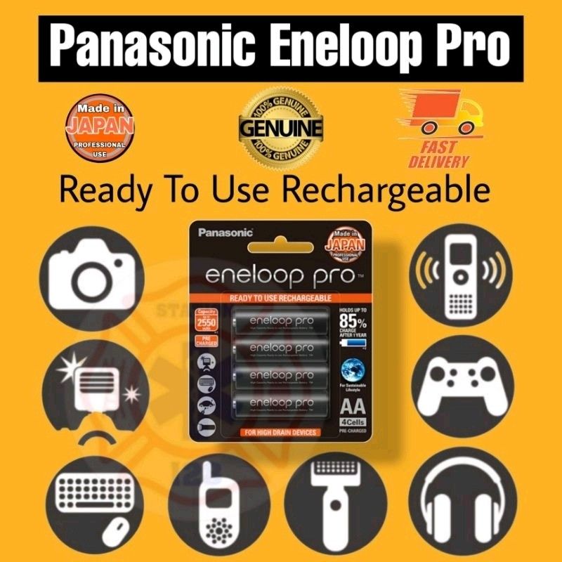 Panasonic Eneloop Pro Rechargeable Battery AA x 4 (Category: Batteries & Chargers) located in Quezon City. Submitted by station128 (Listing ID 1250448538, Image 3). Description: Panasonic Eneloop Pro Rechargeable Battery AA x 4 Features. Power various electronics, including digital cameras, gaming devices, and flashlights, with this pack of eight eneloop pro AA Rechargeable NiMH Batteries from Panasonic. Each features 1.2V of output power,a 2550m