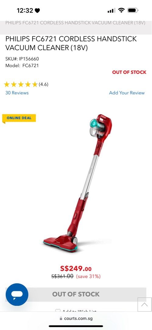 PHILIPS FC6721 CORDLESS HANDSTICK VACUUM CLEANER 18V Condition 7 10 70 Kim 88118368