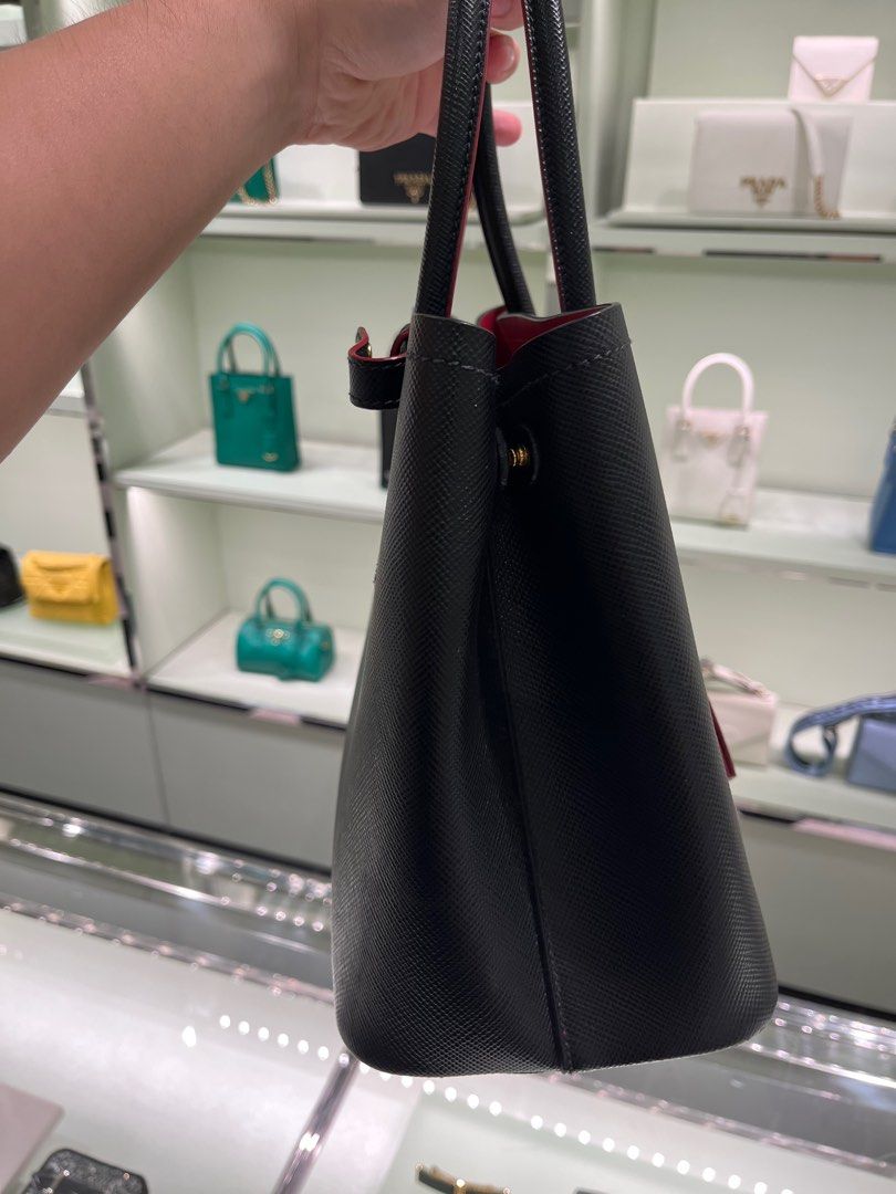 Prada Small Saffiano Cuir Leather Double Bag Black Red $4,400 Purse Handbag