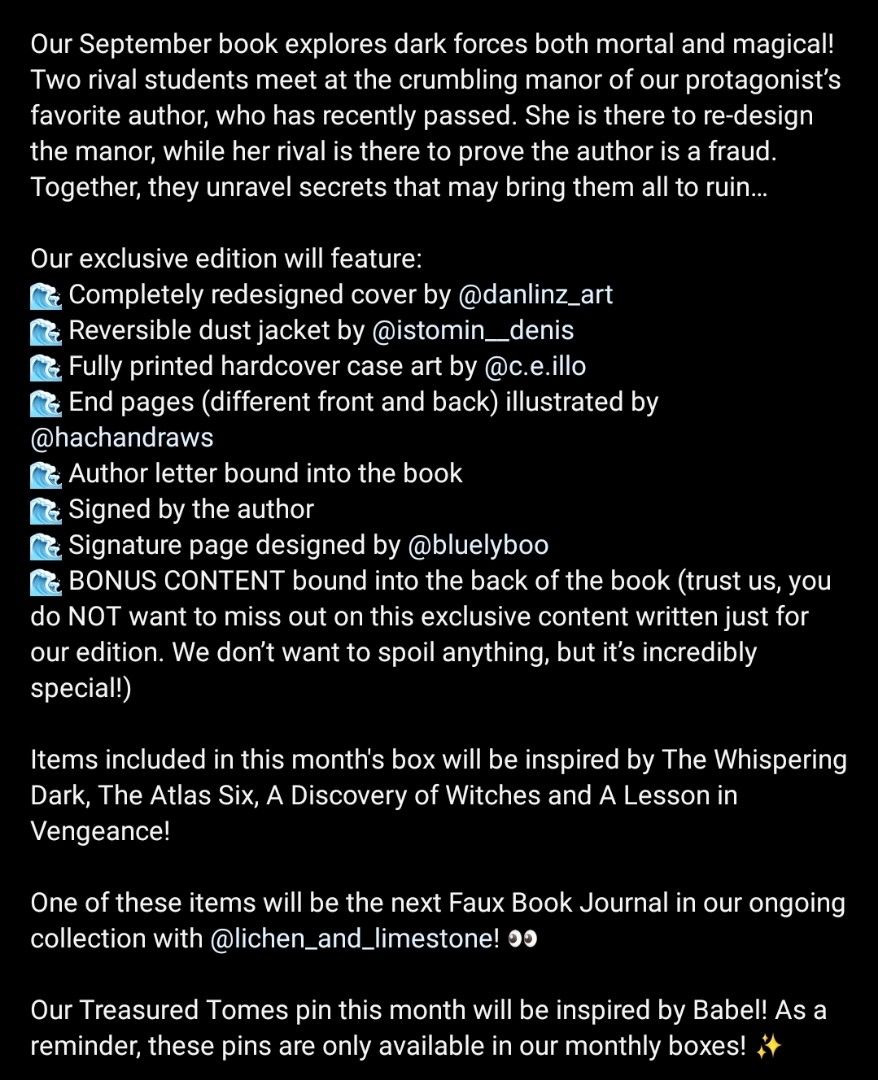 PREORDER Owlcrate YA September Full Box (Category: Storybooks) located in Santiago. Submitted by never_after (Listing ID 1250431415, Image 2). Description: Full Box - SOLD ETA : Nov-Jan 2024 (Sea Cargo) Oct 2023 (Air Cargo) + Air Cargo Fee.