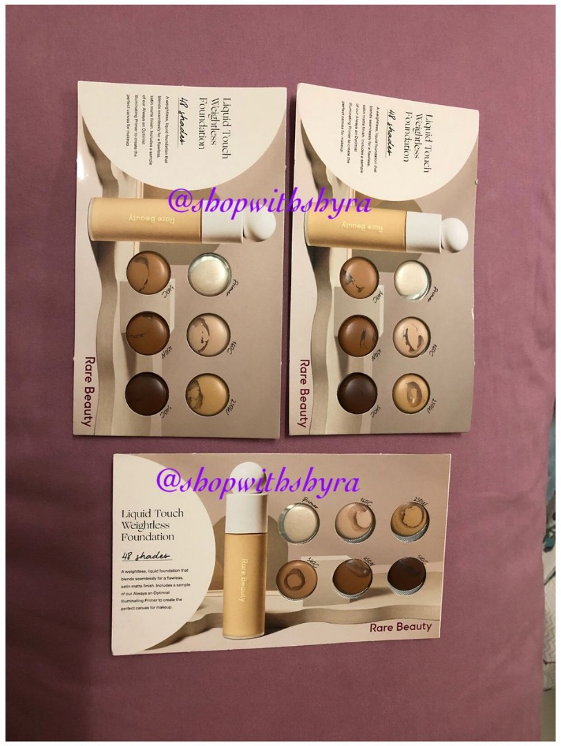 Rare Beauty Liquid Touch Weightless Foundation & primer sample card. 6 x  0.50ml. 3 pcs available., Beauty & Personal Care, Face, Makeup on Carousell