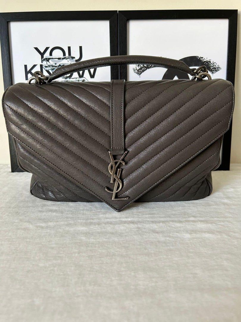 Saint Laurent Large College Bag (Category: Luxury Bags & Wallets) located in Manila. Submitted by bagislifeshop (Listing ID 1250553312, Image 2). Description: ☑️Available in Pampanga ✅Condition: 8.5/10 ✅Material: Lambskin ✅Color: Gray in SHW ✅Dimensions: 32X20X8.5CM ✅Inclusion: Long strap and cards .