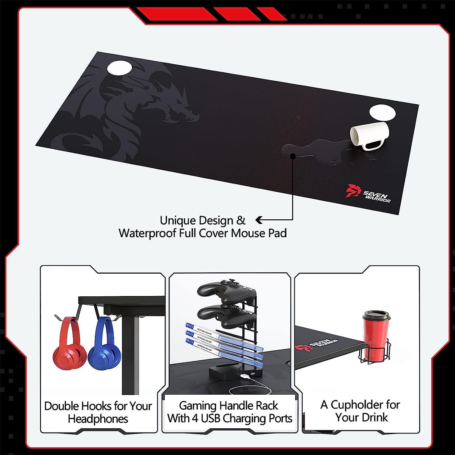 Seven Warrior Gaming Desk 60 INCH, T- Shaped Computer Desk with Full ...