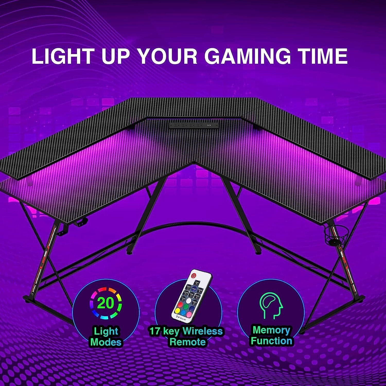 L Shaped Gaming Desk with Power Outlets & LED Lights, L- Shaped Desk  Computer Corner Desk