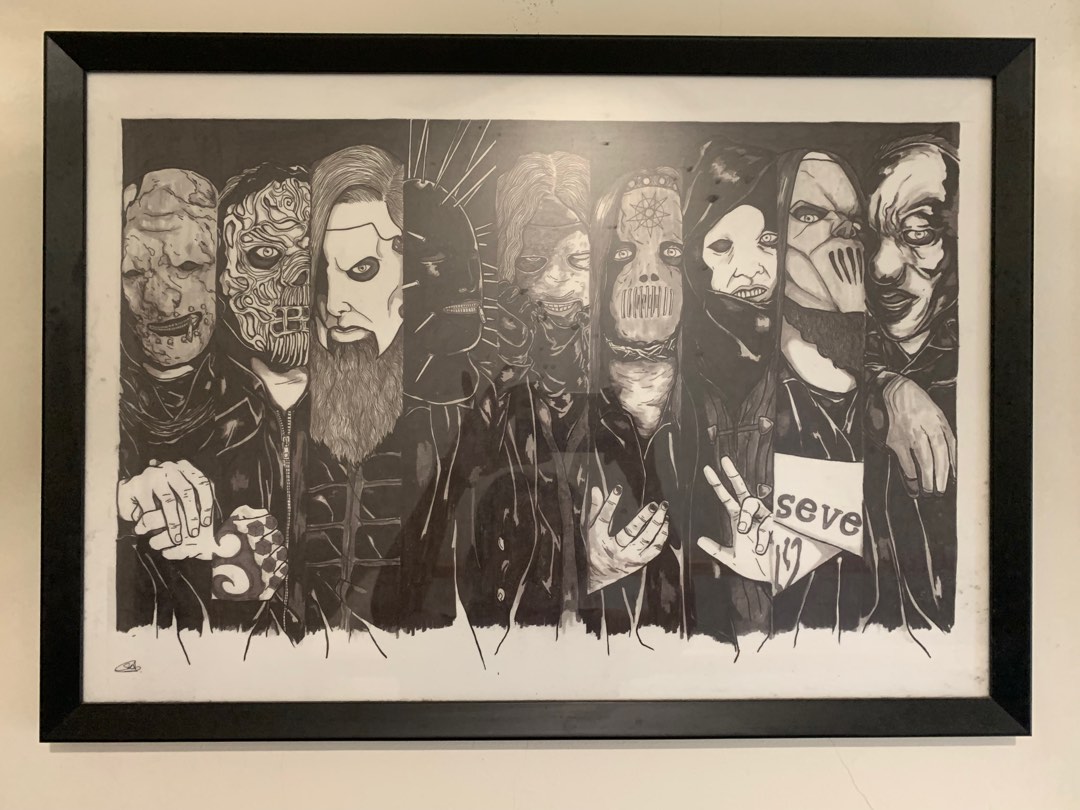 Slipknot Poster Pencil artprint with Frame, Furniture & Home Living