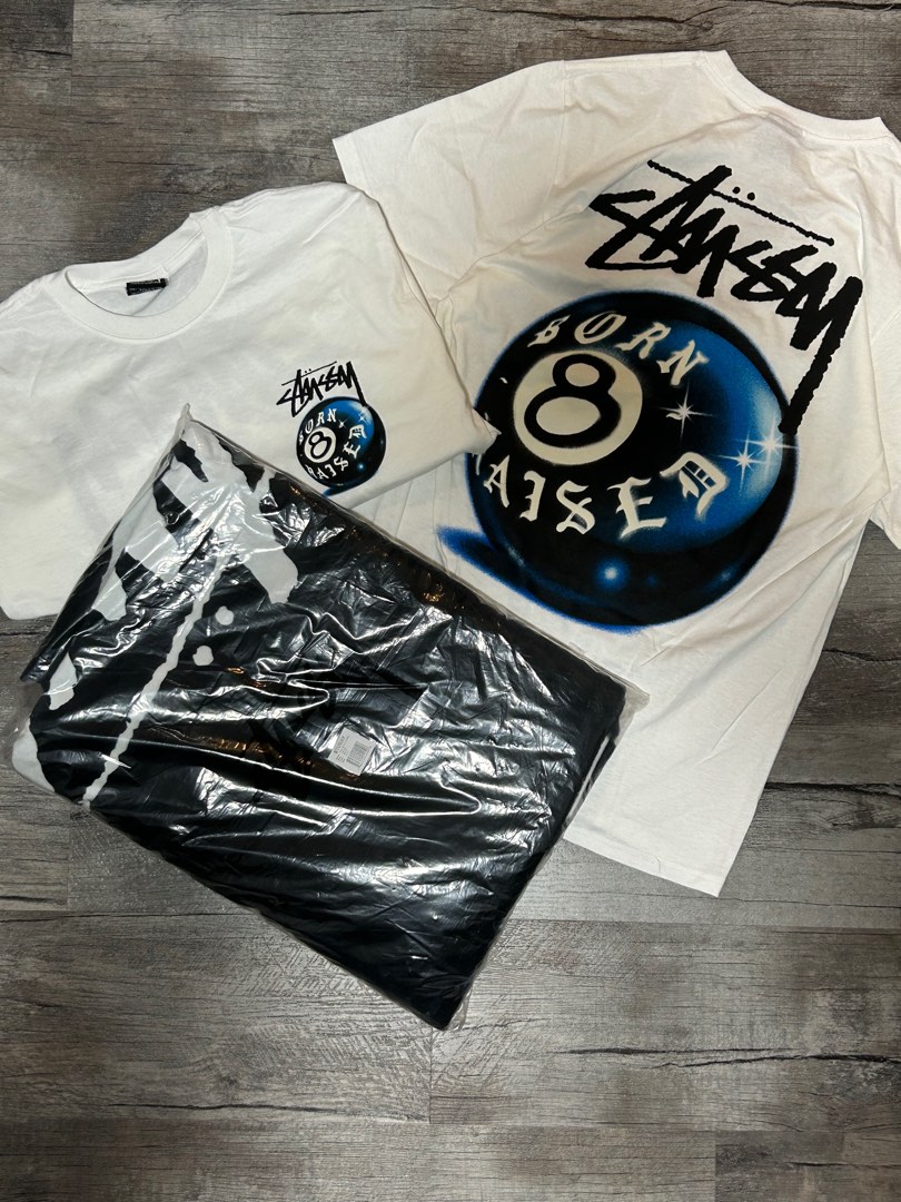 Stussy x Born X Raised 8 Ball White Tee Shirt, Men's Fashion, Tops