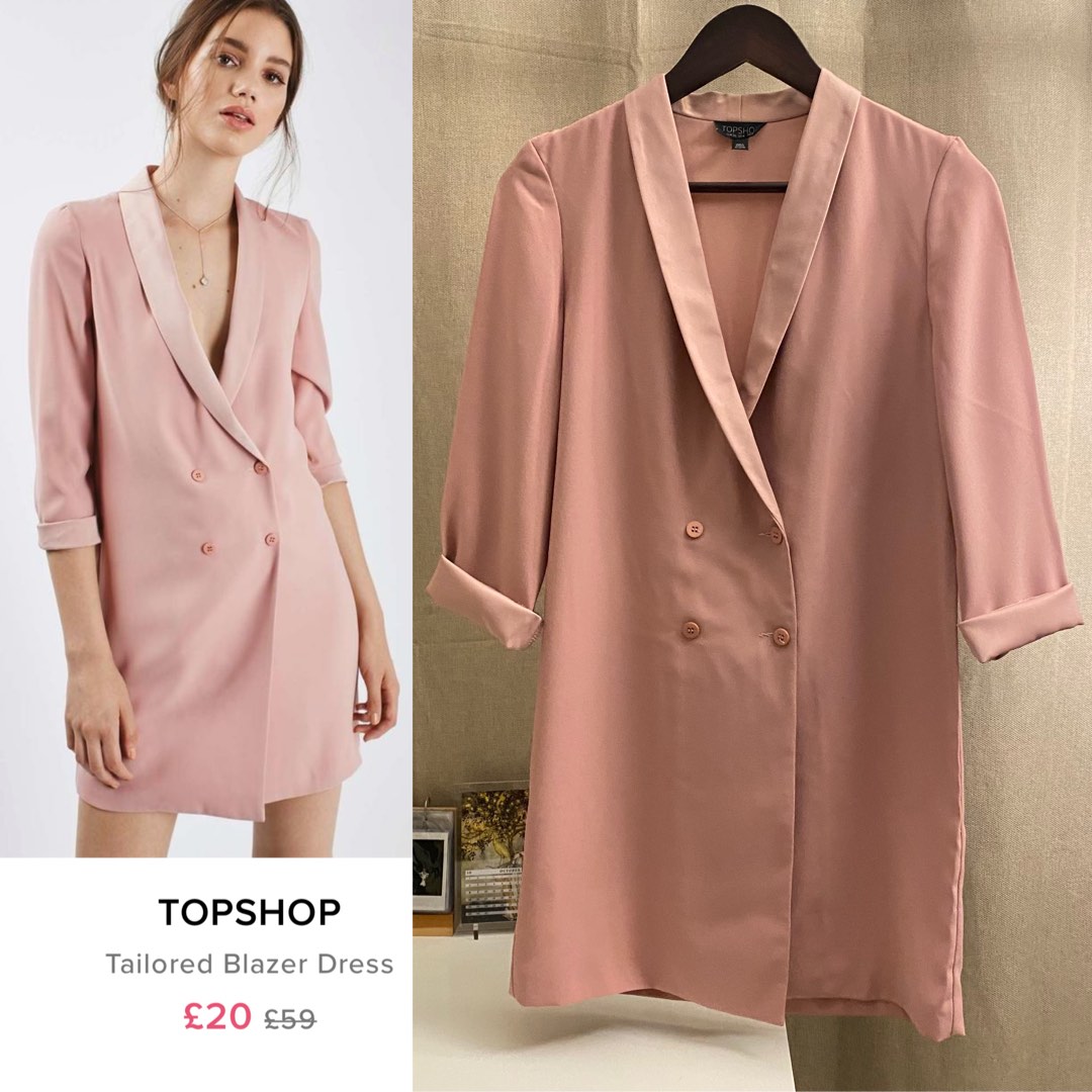 tailored blazer dress in nude pink double breasted wrap outer dress, Fesyen Wanita