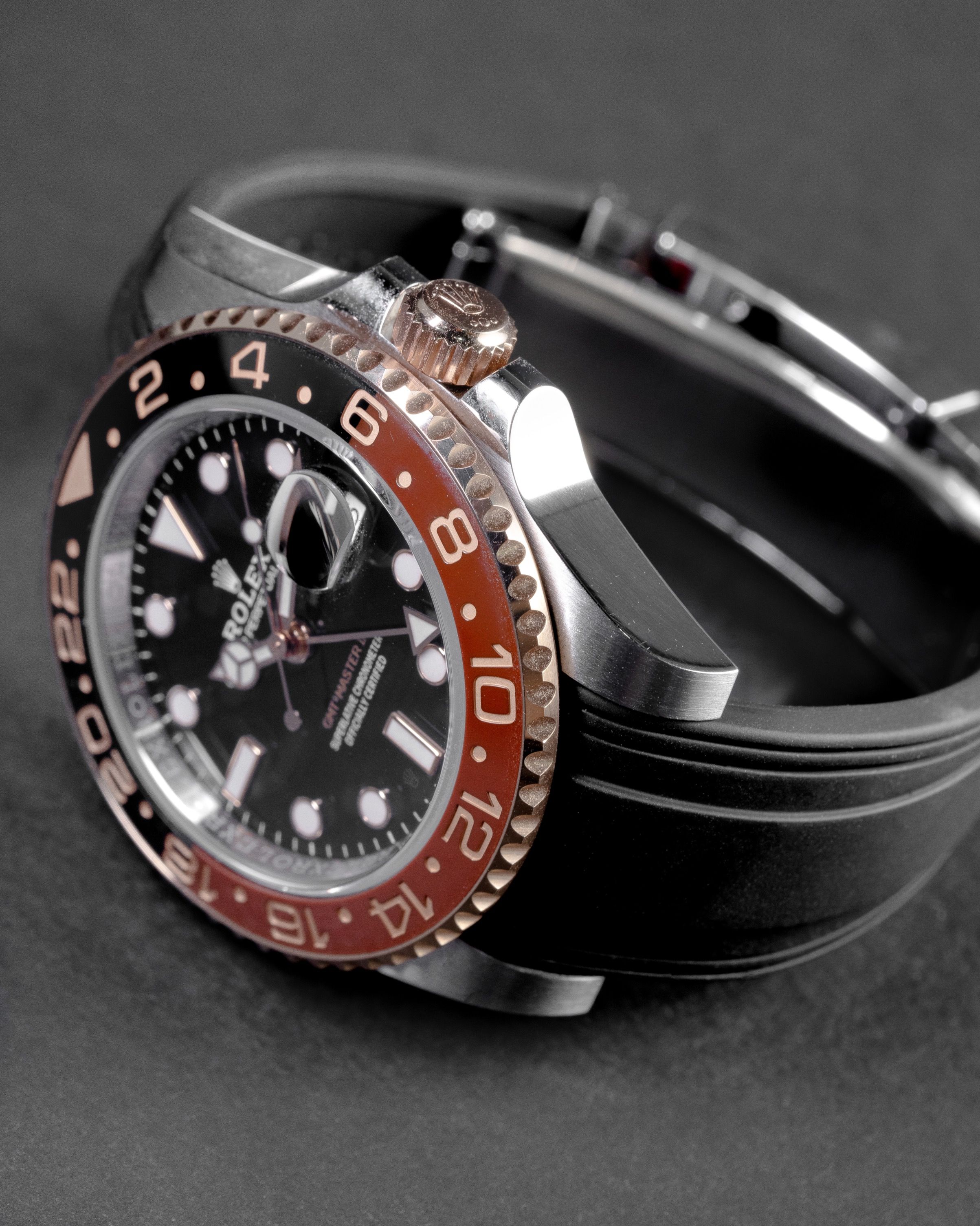 Vulcanised FKM Rubber Strap in Classic Black by Solitaire for Rolex GMT Master II 126711 CHNR Rootbeer