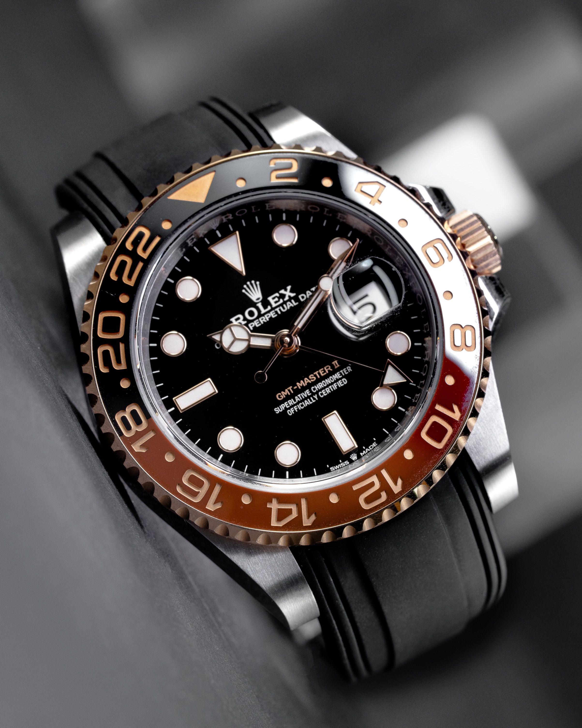 Vulcanised FKM Rubber Strap in Classic Black by Solitaire for Rolex GMT Master II 126711 CHNR Rootbeer
