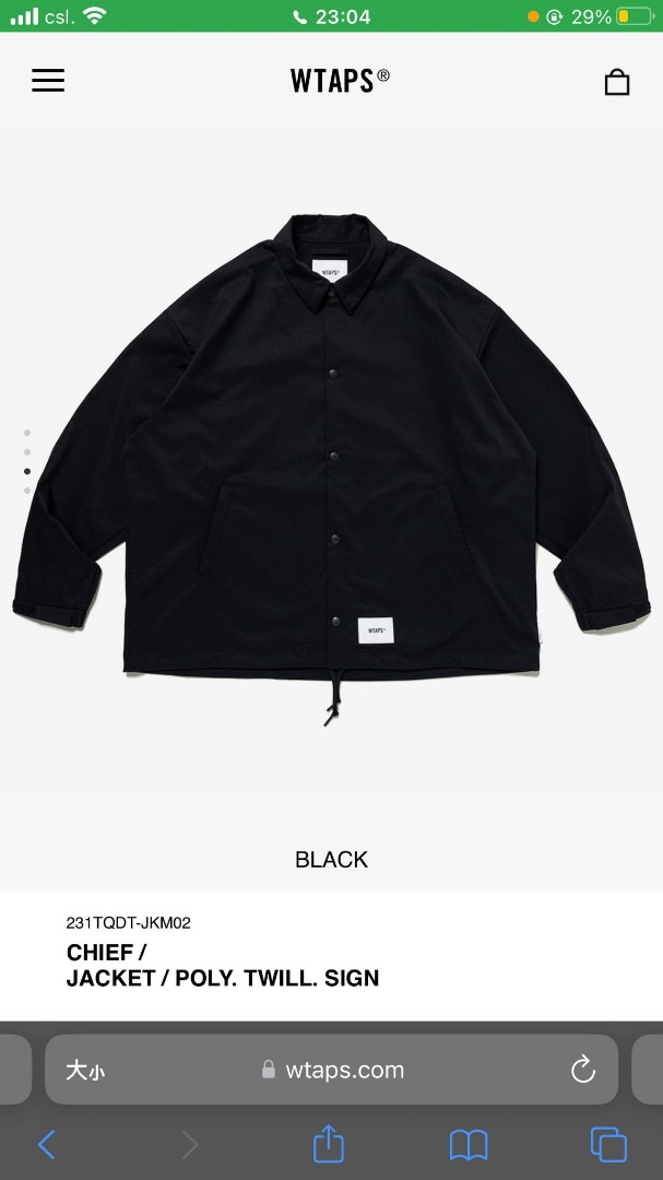 WTAPS CHIEF / JACKET / POLY. TWILL. SIGN 23SS 黑色-03size, 男 