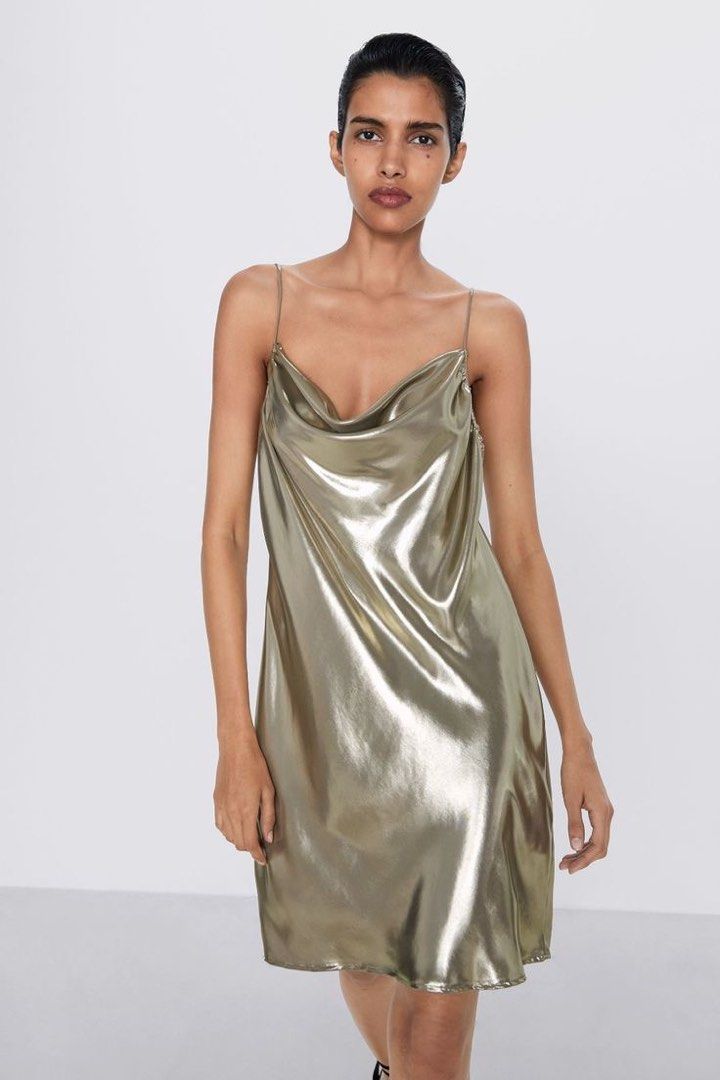 Zara Metallic Gold Cowl Slip Dress, Women'S Fashion, Dresses & Sets, Dresses  On Carousell