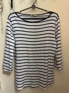ZARA White/Navy Stripes 3/4 Sleeves Cotton Top