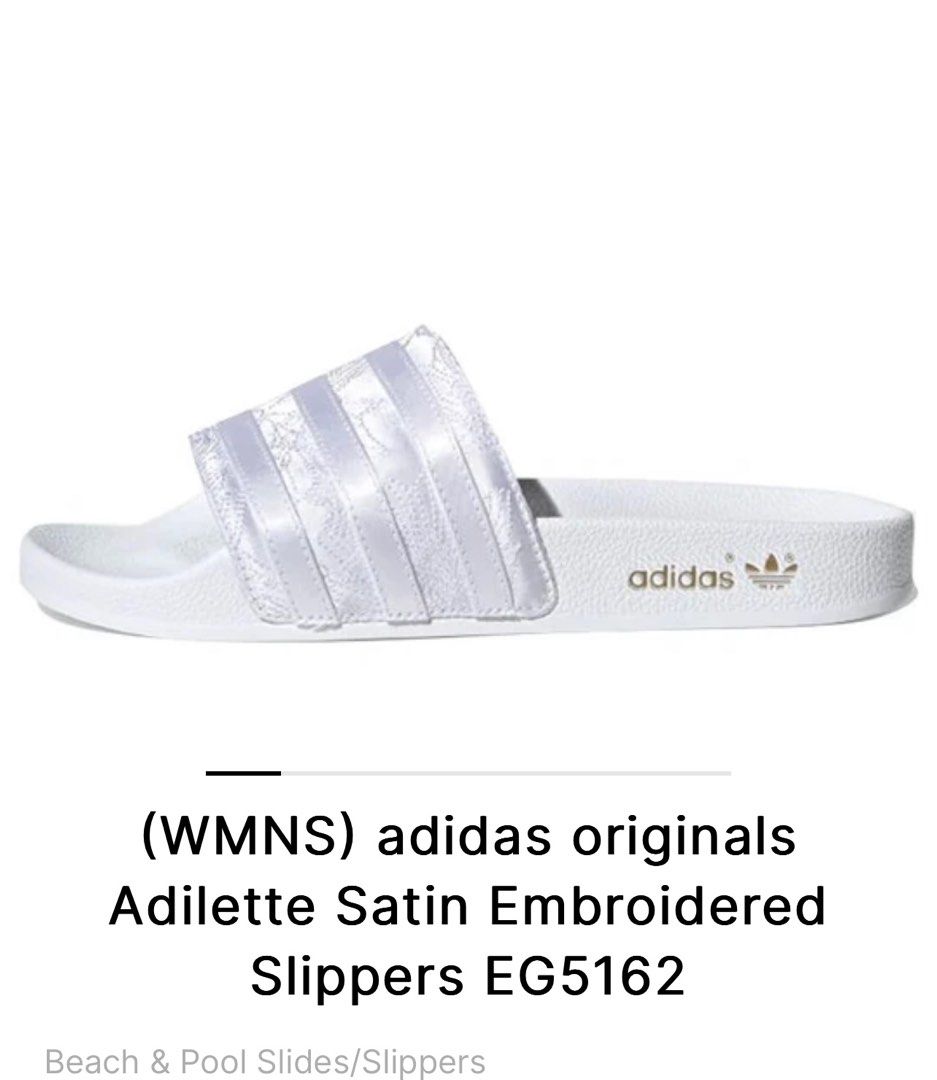 ADIDAS Originals Women's Adilette Embroidered Satin Slides Slippers in White  UK 5, Women's Fashion, Footwear, Flipflops and Slides on Carousell