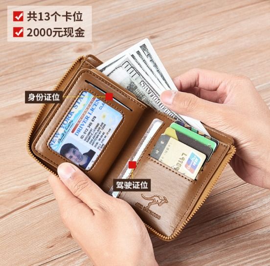 Men's Genuine Leather Wallet Vintage Short Multi Function Business Card  Holder RFID Blocking Zipper Coin Pocket Money Clip