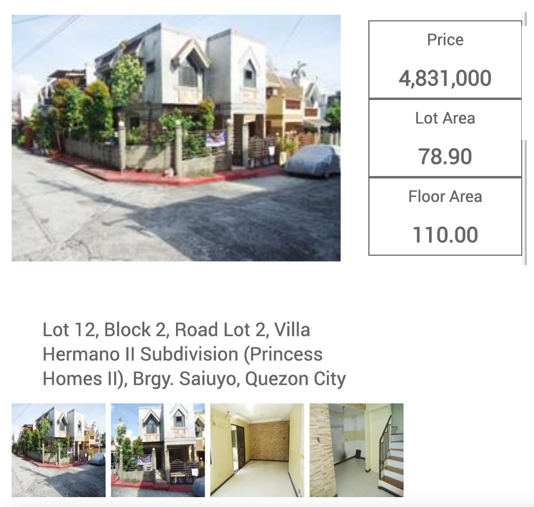 Bank foreclosed for sale on as is where is basis at Villa Hermano II Subdivision (Princess Homes