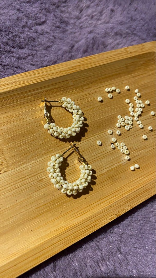 White beaded hoop earrings sales