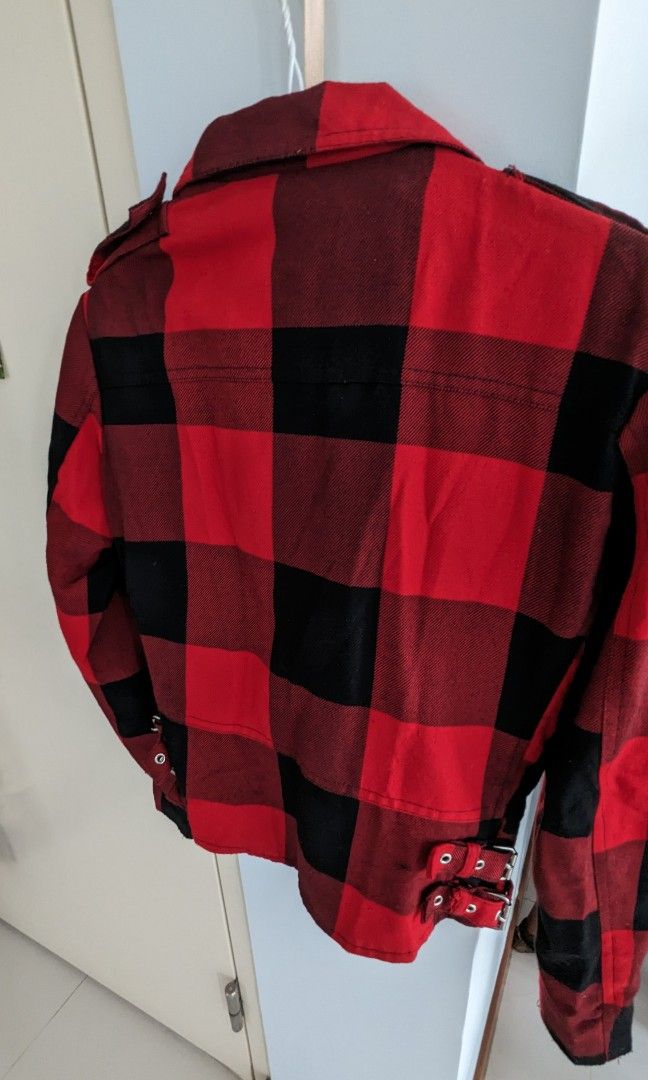 Black and red checkered moto jacket Women s Fashion Coats
